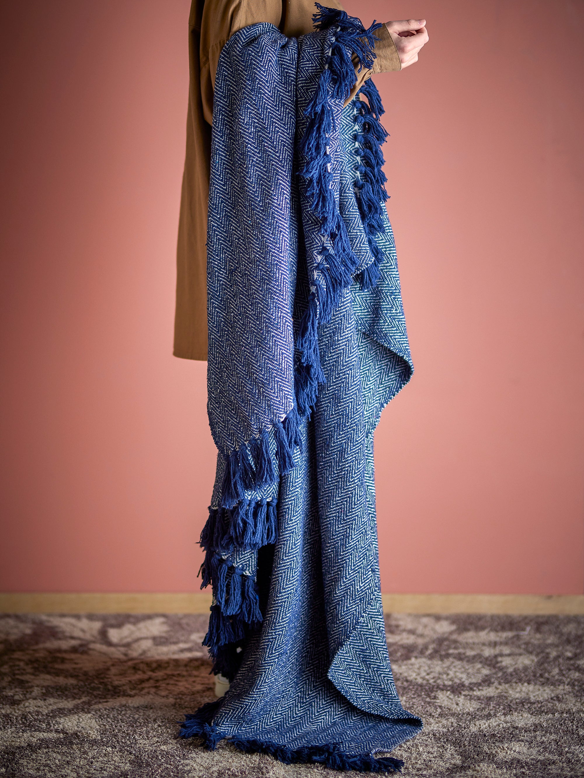 Creative Collection Herringbone Pläd, Blå, Återvunnen Bomull